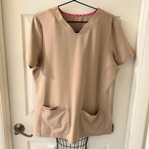 Heartsoul Womens Khaki Tan V-Neck Scrub Top Medical Uniform XL Stretch 2 Pocket